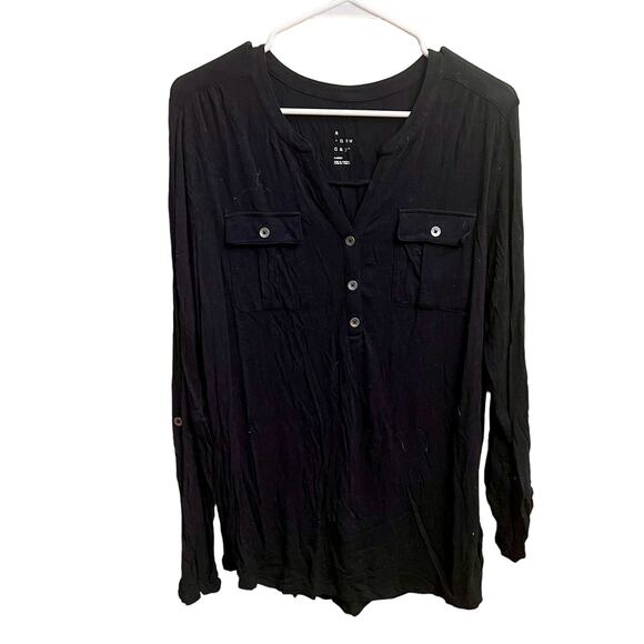 A New Day Black Long Sleeve Super Soft V-Neck 3/4 Button Down Blouse Size Large - Picture 1 of 6